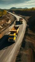 aéreo visión de conjunto la carretera construcción emplea transporte equipo a crear expansivo asfalto la carretera. vertical móvil fondo de pantalla ai generado foto