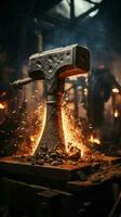 Dark smith workshop Close-up captures hammer striking anvil in intense photo shoot. Vertical Mobile Wallpaper AI Generated