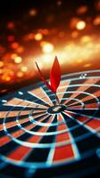 Darts hit target's bullseye Red arrows signify achieving business targets and goals. Vertical Mobile Wallpaper AI Generated photo