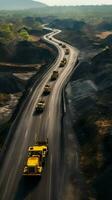 Aerial view Road construction shapes wide asphalt road using specialized transport equipment. Vertical Mobile Wallpaper AI Generated photo