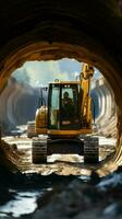 Earthmoving operations Caterpillar excavator at work, transforming construction site near concrete pipe. Vertical Mobile Wallpaper AI Generated photo