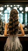 Elegant transformation Rear view as hairdresser crafts hairstyle for brunette woman in salon Vertical Mobile Wallpaper AI Generated photo