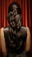 Elegant studio pose Long, curly black hair adorns back of brunette woman Vertical Mobile Wallpaper AI Generated photo