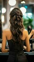 Elegant transformation Rear view as hairdresser crafts hairstyle for brunette woman in salon Vertical Mobile Wallpaper AI Generated photo