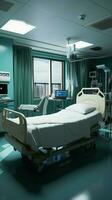 Empty hospital room features sole bed, devoid of occupants or activity. Vertical Mobile Wallpaper AI Generated photo