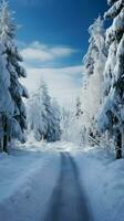 encantador escena cubierto de nieve la carretera vientos en medio de cargado de nieve abeto árboles, creando pintoresco belleza. vertical móvil fondo de pantalla ai generado foto