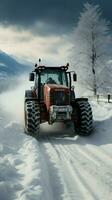 After the snowstorm, a tractor diligently clears the road, creating a passage. Vertical Mobile Wallpaper AI Generated photo