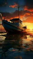 Fishing boat on river, basking in the glow of a picturesque sunset. Vertical Mobile Wallpaper AI Generated photo