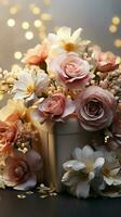 floral elegancia ligero antecedentes caja adornado con delicado flores, un encantador decoración vertical móvil fondo de pantalla ai generado foto