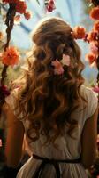 Amidst flowers, back view woman swings outdoors, her hair dancing in natures embrace Vertical Mobile Wallpaper AI Generated photo