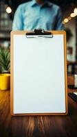 Grasp of professionalism Hand holds clipboard mock up in detailed close up Vertical Mobile Wallpaper AI Generated photo