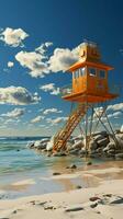 Guardian of safety Empty beach scene features a vibrant yellow lifeguard post Vertical Mobile Wallpaper AI Generated photo