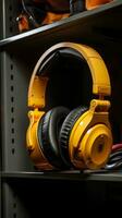 Headphones and hard hat seen together, front view, hanging neatly in closet. Vertical Mobile Wallpaper AI Generated photo