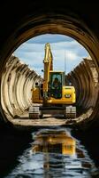 Ground excavation Powerful caterpillar excavator works on construction site, by large concrete pipe. Vertical Mobile Wallpaper AI Generated photo