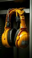 Headphones and hard hat seen together, front view, hanging neatly in closet. Vertical Mobile Wallpaper AI Generated photo