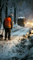Hurricane aftermath Road worker in protective gear shovels sidewalk, clearing snow-covered road. Vertical Mobile Wallpaper AI Generated photo