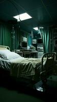 un desocupado hospital habitación contiene un solitario cama, vacío de humano presencia. vertical móvil fondo de pantalla ai generado foto