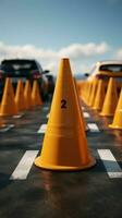 License test involves car maneuvering through traffic cones, testing driving precision. Vertical Mobile Wallpaper AI Generated photo