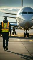 Maintenance supervisor approaches parked airliner on landing field, viewed from behind. Vertical Mobile Wallpaper AI Generated photo