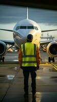 Maintenance supervisor approaches parked airliner on landing field, viewed from behind. Vertical Mobile Wallpaper AI Generated photo