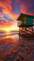 miami Mañana resplandor Salvavidas torre en sur playa línea costera debajo vibrante amanecer vertical móvil fondo de pantalla ai generado foto