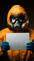 Man in hazmat suit holding sign, ready for personalized message or caution. Vertical Mobile Wallpaper AI Generated photo