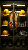 Neatly hung in closet, front view reveals headphones and hard hat combination. Vertical Mobile Wallpaper AI Generated photo