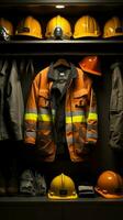 Neatly hung in closet, front view reveals headphones and hard hat combination. Vertical Mobile Wallpaper AI Generated photo