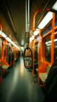 Perspective on safety Blurred hand holds subway strap, ensuring secure public transportation. Vertical Mobile Wallpaper AI Generated photo