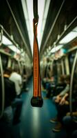 Perspective on safety Blurred hand holds subway strap, ensuring secure public transportation. Vertical Mobile Wallpaper AI Generated photo