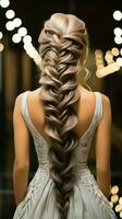 Art of braiding Hairdressers rear view as intricate braid transforms wedding hair styling Vertical Mobile Wallpaper AI Generated photo