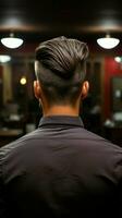 Precise cut Rear view as male receives haircut, background softly blurred Vertical Mobile Wallpaper AI Generated photo