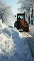 la carretera nieve eliminación tractor y excavador combinar esfuerzos a claro calles efectivamente. vertical móvil fondo de pantalla ai generado foto