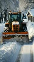 la carretera nieve eliminación tractor y excavador combinar esfuerzos a claro calles efectivamente. vertical móvil fondo de pantalla ai generado foto