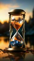 Sands of change Hourglass portrays Earth, conveying the gravity of global warming Vertical Mobile Wallpaper AI Generated photo