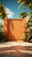 Seaside allure 3D rendering captures orange wooden wall, lush palms, and sandy shore Vertical Mobile Wallpaper AI Generated photo