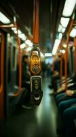 Secure grip on subway Blurred hand grips strap, highlighting safety in public transport. Vertical Mobile Wallpaper AI Generated photo