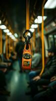 Secure grip on subway Blurred hand grips strap, highlighting safety in public transport. Vertical Mobile Wallpaper AI Generated photo