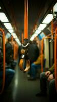 Secure grip on subway Blurred hand grips strap, highlighting safety in public transport. Vertical Mobile Wallpaper AI Generated photo