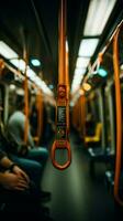 Secure grip on subway Blurred hand grips strap, highlighting safety in public transport. Vertical Mobile Wallpaper AI Generated photo