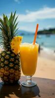 Sip of paradise Fresh pineapple drink in hand, overlooking a beautiful beach Vertical Mobile Wallpaper AI Generated photo