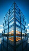altísimo moderno corporativo oficina un sorprendentes arquitectónico maravilla en contra el azul fondo. vertical móvil fondo de pantalla ai generado foto