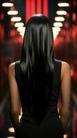 Sleek allure Long, straight black hair enhances womans elegant back view Vertical Mobile Wallpaper AI Generated photo