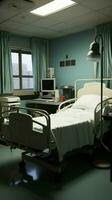 solitario cama llena vacante hospital habitación, intacto por ninguna presencia o actividad. vertical móvil fondo de pantalla ai generado foto