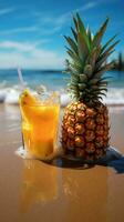 Summertime bliss Quenching thirst with a pineapple drink on a gorgeous beach Vertical Mobile Wallpaper AI Generated photo