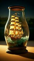 Tiny seafarer Ship bottle captures maritime wonder in a delicate glass bound vessel Vertical Mobile Wallpaper AI Generated photo