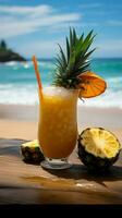 Tropical delight Refreshing pineapple drink enjoyed against a stunning beach backdrop Vertical Mobile Wallpaper AI Generated photo