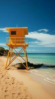 vívido Estar atento vacío playa Hospedadores un sorprendentes amarillo Salvavidas enviar para la seguridad vertical móvil fondo de pantalla ai generado foto