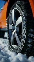 Wheel with snow chains tackles deep winter snow, maintaining control in challenging conditions. Vertical Mobile Wallpaper AI Generated photo