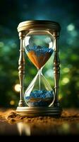 World's timer Hourglass with Earth signifies the pressing global warming challenge Vertical Mobile Wallpaper AI Generated photo